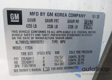 2021 Chevrolet Trailblazer Fwd Activ из США, поврежденный, VIN KL79MVSL1MB090251